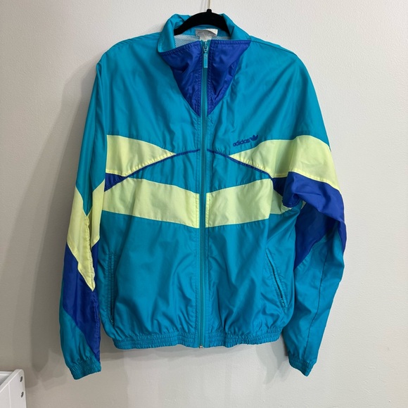 Adidas Vintage 90s Windbreaker Rain Jack with Roll Up Hood Size M Blue Green - Picture 1 of 11